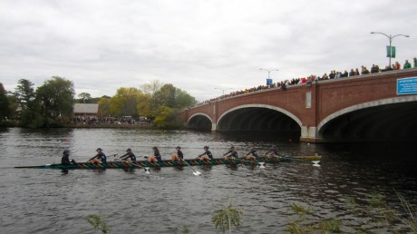 A boat waiting to go under Eliot Bridge.